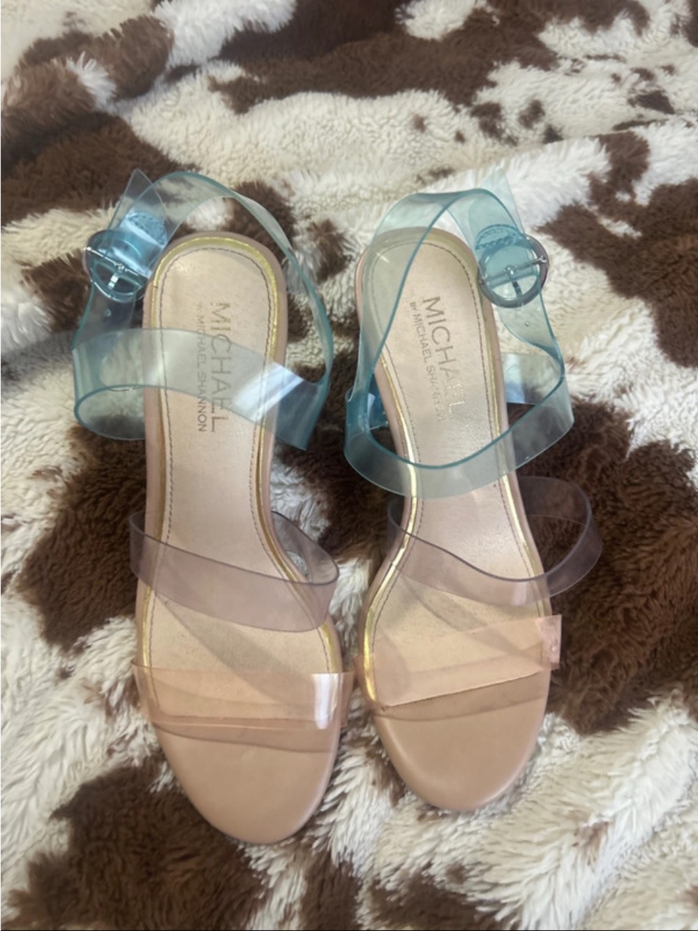 Michael Shannon Nude Sandals with Teal-Tinted Clear Straps